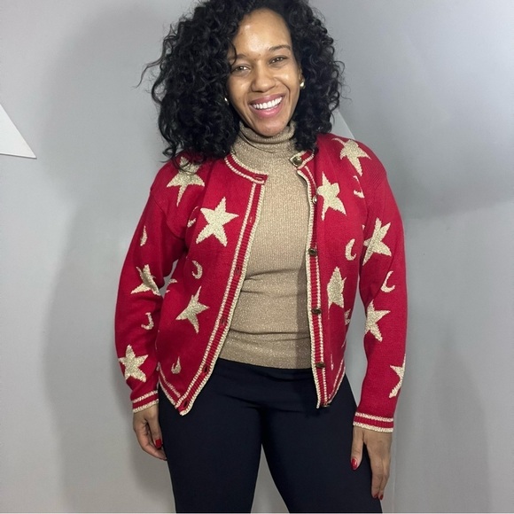 Vintage Americana Red Stars Sweater Patriotic Knit Cardigan Glitter Festive July - Picture 3 of 14